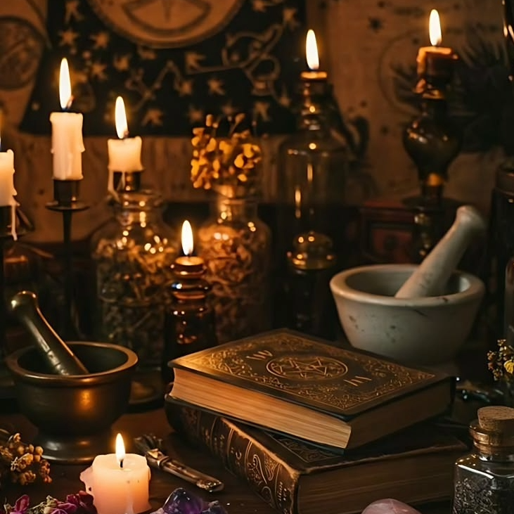 Свечи, старинные книги и кристаллы для ритуала моделирования